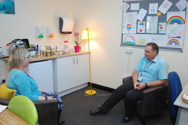 KGH Mindfulness Lead Sarah Fereday chats with James Donnelly in the Open
Office.