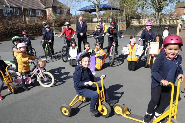 Chris Latimer and Alison Holland with pupils taking part in the Big Pedal