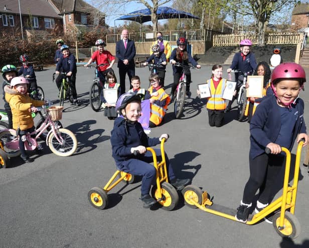 Chris Latimer and Alison Holland with pupils taking part in the Big Pedal