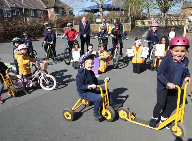 Chris Latimer and Alison Holland with pupils taking part in the Big Pedal