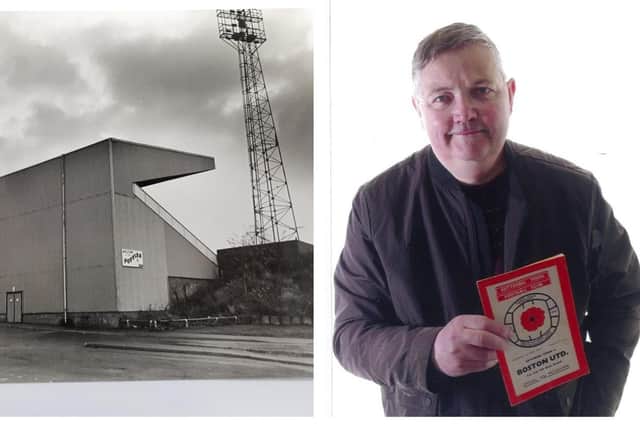 Rockingham Road in its heyday and Paul, holding a programme from his first Poppies match.