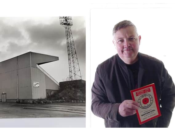 Rockingham Road in its heyday and Paul, holding a programme from his first Poppies match.