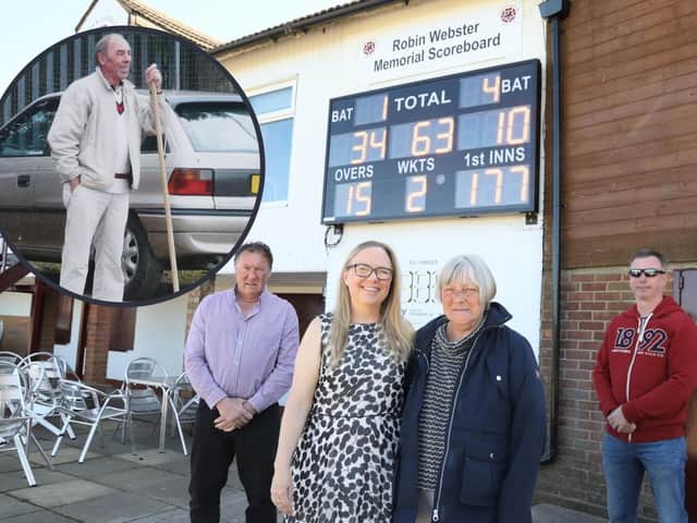 Former S&L chairman Mark Poucher, Robin's daughter Tracy Southwell, wife Christine Webster and son Paul Webster with the memorial scoreboard. Inset: Robin Webster. Image: Alison Bagley Photography.