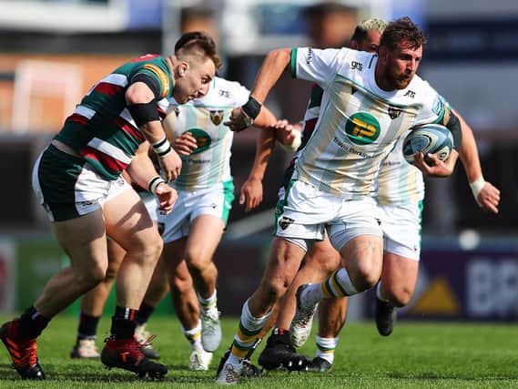 Tom Wood on the charge at Welford Road