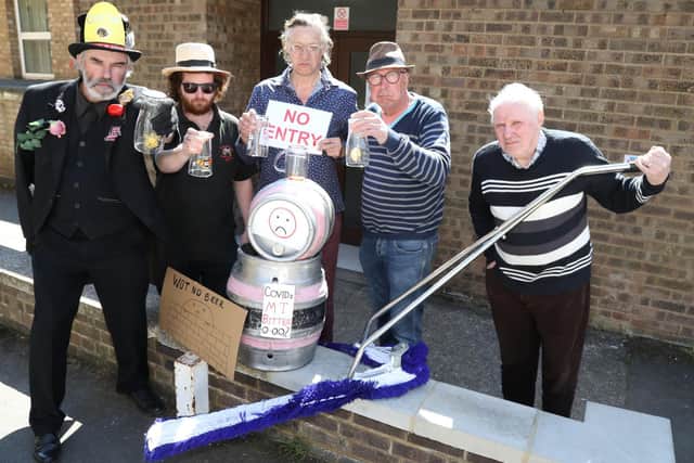 l-r Farmer John Norton, Dave Bettles, 'Capt Beaky', Alan Piggot and are brushed aside by Bill 'The Brush' Jenkin (caretaker of All Saints Church Hall)