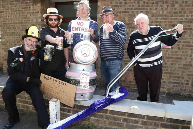No beer this year l-r Farmer John Norton, Dave Bettles, 'Capt Beaky', Alan Piggot and Bill 'The Brush' Jenkin (caretaker of All Saints Church Hall)