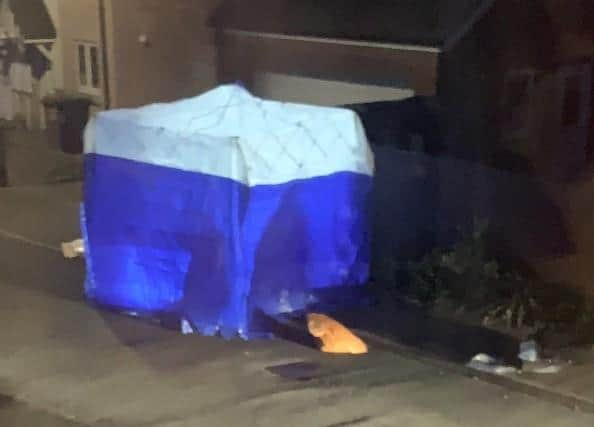 Forensics officers were at the scene with a blue tent erected.