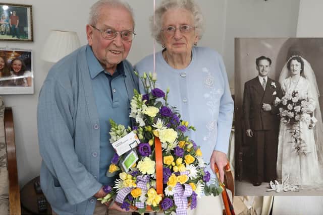 John and Elsie on their 70th wedding anniversary inset their original wedding photo