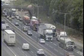 Queuing traffic on the M1 after the closure of the exit slip road.