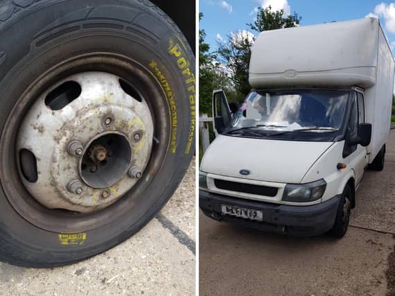 Police spotted this van on the M1 with a wheel held on by only three nuts instead of six.