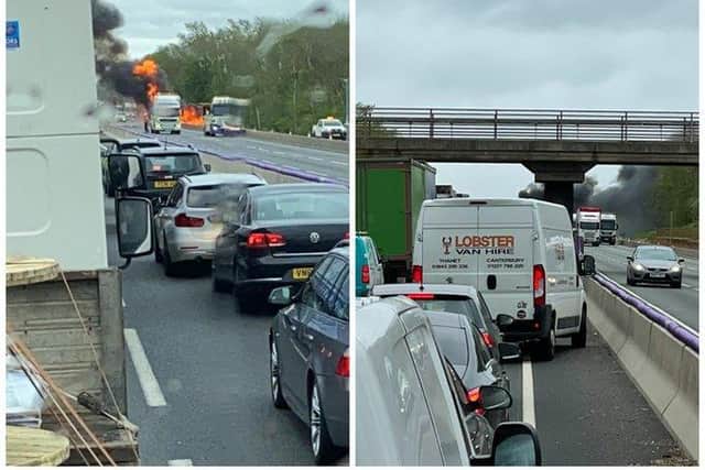 Traffic was blocked both ways while emergency services dealt with a blazing lorry on the M1