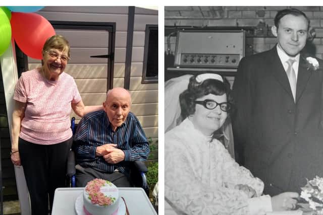 Judith and Norman pictured on their 50th anniversary and on their wedding day.