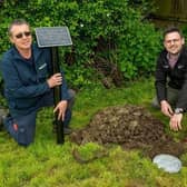 Simon Odell from Mintridge (left) and Luke Shepperson (right) with the time capsule at Charter's Gate