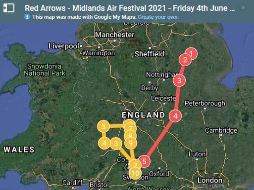 The Red Arrows' journey is depicted by the red line.