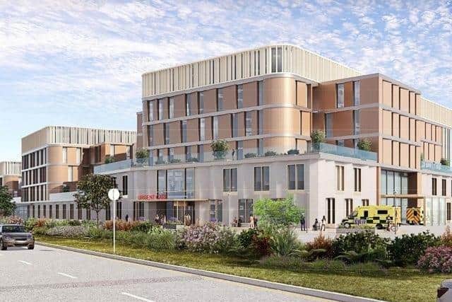 An artist’s impression of what the Urgent Care Hub could look like, replacing A&E and short stay urgent care wards, with extra inpatients beds on the higher floors. This would be completed in the first phase of the development.