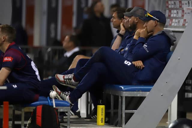 A glum-looking Steelbacks bench watch on during the defeat to Worcestershire Rapids (Pictures: Peter Short)