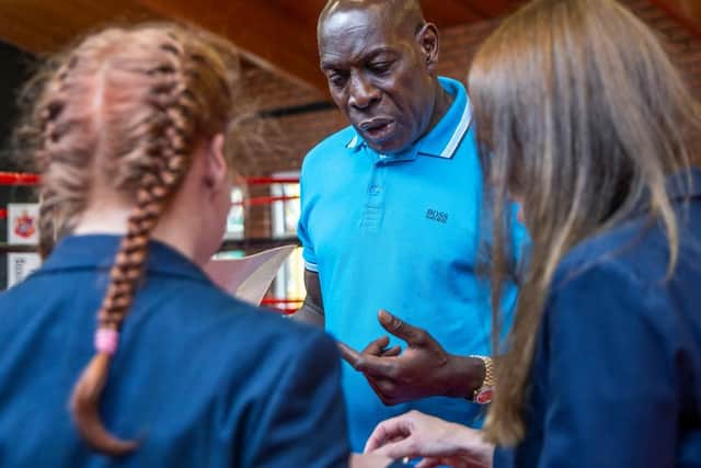 Frank Bruno chat to Isebrook School pupils at The Round by Round Centre in Northampton