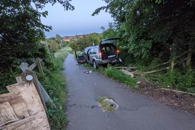 The car ended up on the public footpath/cycle path - photo Samuel Shoesmith