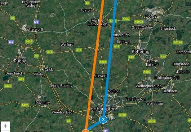 The orange line is Sunday's route over Northamptonshire