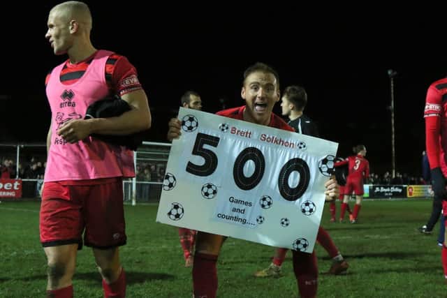 Brett Solkhon made his 500th appearance for the club during the 1-0 home win over King's Lynn Town on New Year's Day, 2018. Picture by Peter Short
