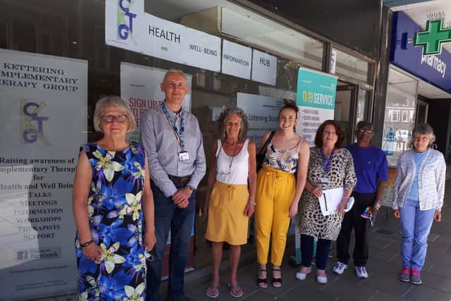 l-r Barb Lewis (Kettering Complementary Therapy Group), Chris Davison (public governor for Northamptonshire Healthcare NHS), Chris Dickinson (Kettering Complementary Therapy Group), Marian Pell (Age UK), Aruna Moden (Age UK), Kim Edgcombe (cranio-sacral therapist)