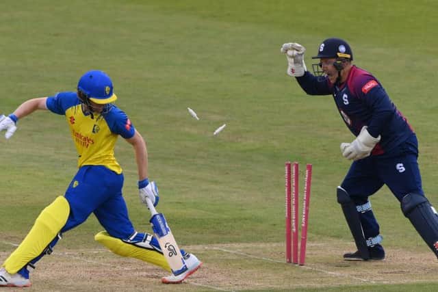 Durham's Cameron Bancroft is stumped by Adam Rossington off the bowling of Graeme White
