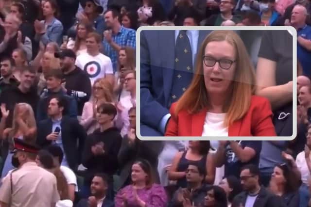The standing ovation and, inset, Dame Sarah at Wimbledon.