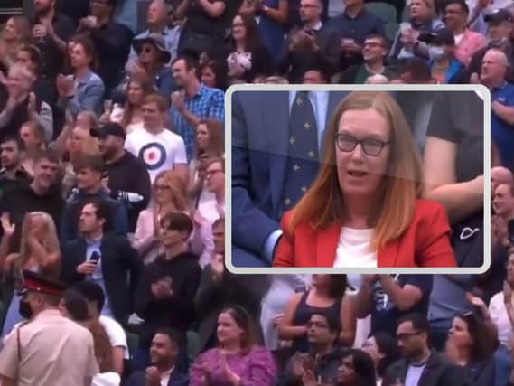The standing ovation and, inset, Dame Sarah at Wimbledon.