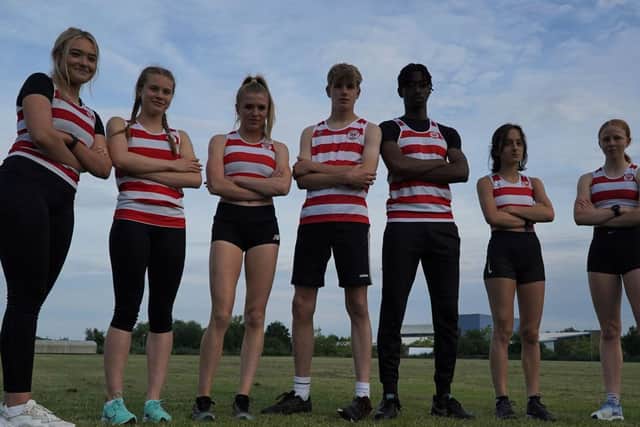 (From left) Katie Gibson, Alice Bennett, Indienne King, Jacob Asher-Relf, Ryan Amesimeku, Alice Bates and Lara Turner are seven of the eight Kettering Town Harriers athletes who have been selected for the National English Schools Championships