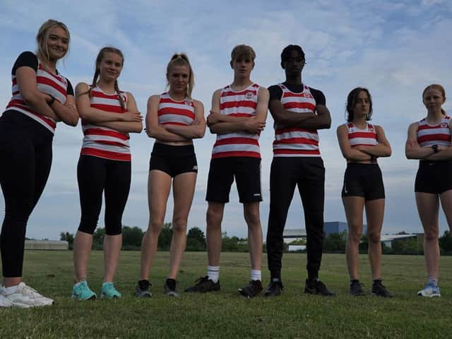 (From left) Katie Gibson, Alice Bennett, Indienne King, Jacob Asher-Relf, Ryan Amesimeku, Alice Bates and Lara Turner are seven of the eight Kettering Town Harriers athletes who have been selected for the National English Schools Championships