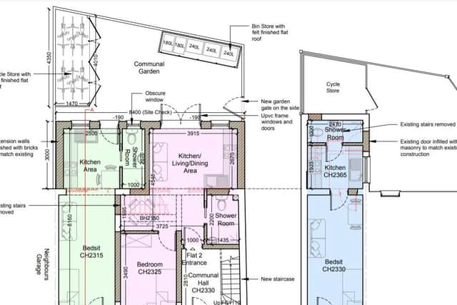 The layout of three of the bedsits. The bedsit coloured in blue is just 21 square metres.