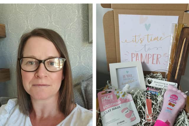 Linda and one of her gift boxes.