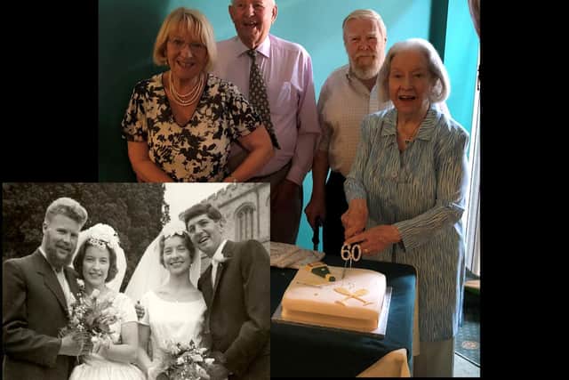 Janice and Peter Childs and Paul and Dorothy Brooke with inset their wedding day Paul and Dorothy and Janice and Peter.
