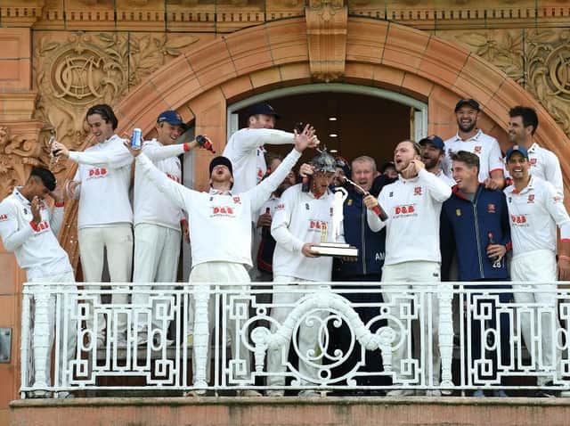 The Essex players celebrate their Bob Willis Trophy win at Lord's in 2020