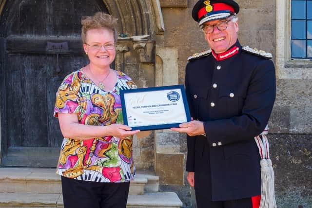 Mindy Robinson of Sophisticakes with Lord-Lieutenant of Northamptonshire, James Saunders Watson.