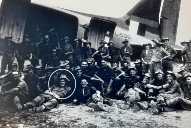 Charlie Richards (circled) poses for a photo with comrades from the 7th Leicesters at Lalaghat airfield, Assam, half an hour before flying into Burma