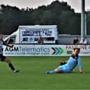 Jordan O'Brien scores his second goal in Corby Town's 2-1 friendly win over Barwell. Picture by David Tilley