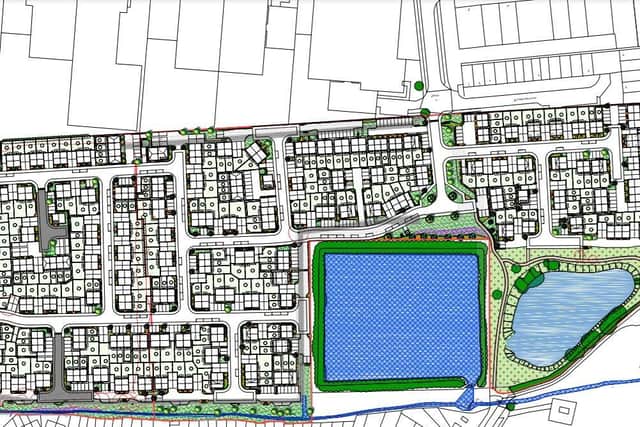 The plans for the houses on the green space next to the balancing ponds.
