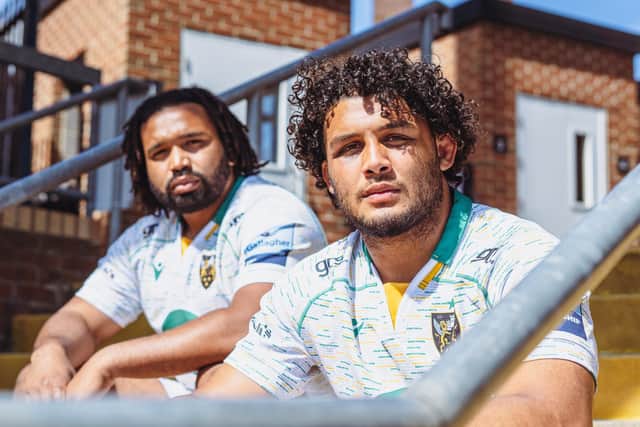 Danny Hobbs-Awoyemi (left) and Lewis Ludlam model Saints' new away kit (picture: Roberto Payne/Northampton Saints)
