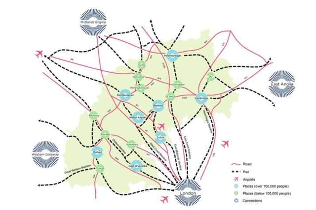 Transport links in the Ox-Cam Arc highlights the importance of Corby, Kettering and Wellingborough rail links and the major roads