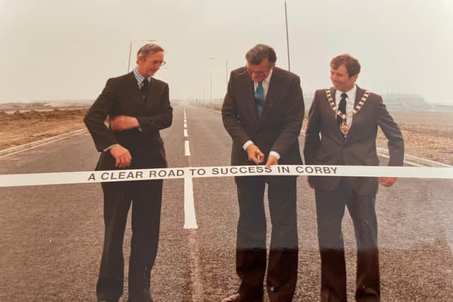 George (right) at the opening of Steel Road which led to a host of companies being attracted to the site of Corby steelworks