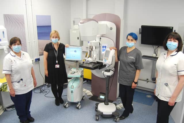 l-r advanced practitioner, Deborah Mapley, clinical director of breast screening, Dr Ruxandra Pietrosanu, superintendent radiographer, Katalin Woodland, and breast screening programme manager Deborah Black with the new equipment.