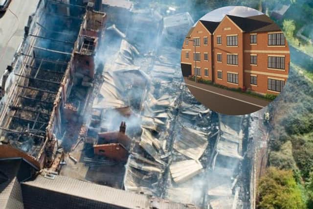 The aftermath of the fire (picture by Terry Harris) and, inset, an artist's impression of how the site could look.