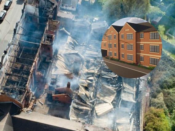 The aftermath of the fire (picture by Terry Harris) and, inset, an artist's impression of how the site could look.