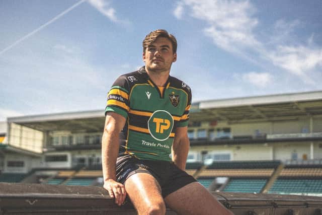George Furbank modelling Saints' new home kit (pictures: Northampton Saints)