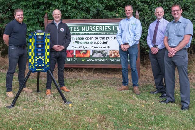 (l-r) Stuart Watkins (PID Systems), Stephen Mold (PFCC), Eddie White (Whites Nurseries), Paul Fell (OPFCC) and Paul Golley (OPFCC) outside Whites Nurseries.