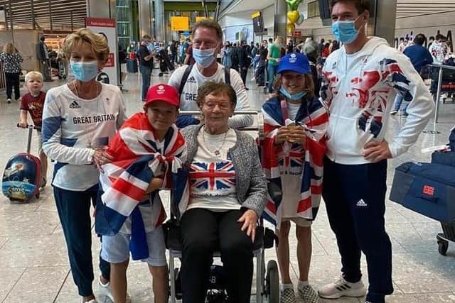 Dylan returns to Heathrow greeted by his family Desborough-based parents Jane and Graham, and his nan Hannah Scott