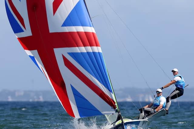 Dylan Fletcher and Stuart Bithell of Team Great Britain in the Men's Skiff 49er class  (Photo by Phil Walter/Getty Images)
