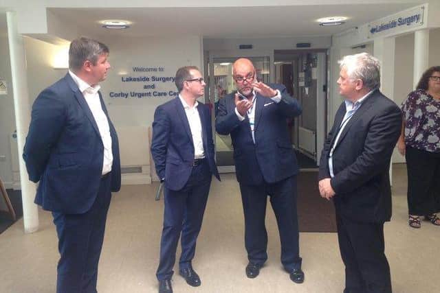 Professor Robert Harris in 2016 showing former Corby MP Andy Sawford, Labour leadership candidate Owen Smith and then leader of Corby Council Tom Beattie around the Lakeside building.