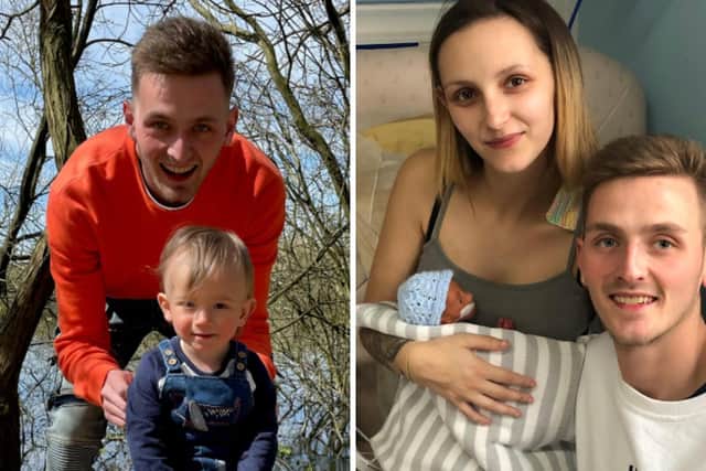 Ben Teague with son Logan, now nearly two — and with partner Danielle shortly after the tiny tot was born
